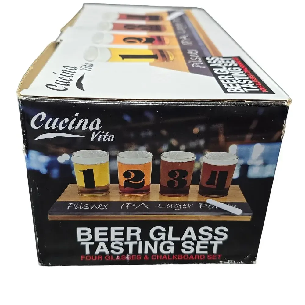 Cucina Vita Beer Glass Tasting Set / 4 Glasses 5 1/2 oz & Chalkboard Set Flight